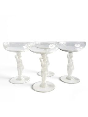 Bayel Bacchus God Nude Male Frosted Stem Set of 4 Coupe Champagne Glasses